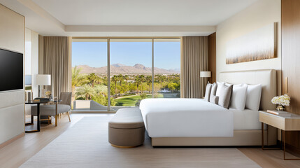 Naklejka premium Luxurious bedroom with king size bed and elegant decor, featuring stunning view
