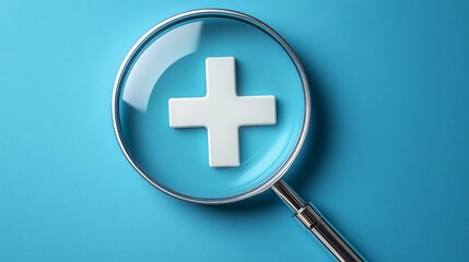 Obraz premium Magnifying glass zooming in on a white medical cross icon, set against a blue background, representing the focus on health, research, and business growth.