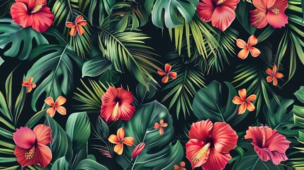A tropical print with vibrant red hibiscus flowers, orange flowers, and lush green leaves on a dark background.