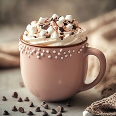 Creamy hot chocolate with marshmallows, cozy autumn scene, food photography, winter drink