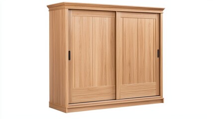 Furniture. Wooden cabinet with sliding doors, featuring a textured finish and decorative design elements.