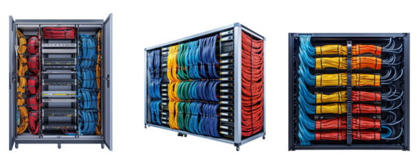 High-tech server rack with colorful cables isolated on transparent background