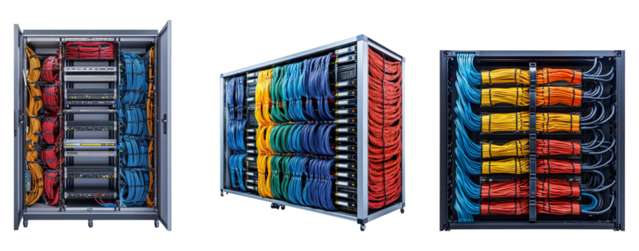 High-tech server rack with colorful cables isolated on transparent background