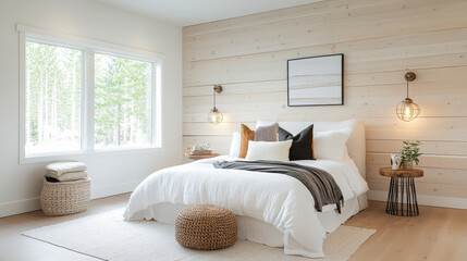 Fototapeta premium Modern farmhouse bedroom with blend of old and new design elements