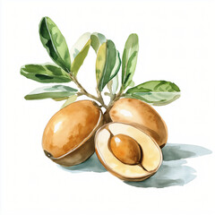 A watercolor sliced argan nut painting illustration isolated on a white background, an argan nut branch with leaves illustration, painting, AI