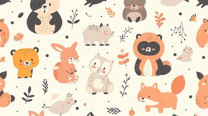 A seamless pattern with cute woodland animals and simple floral elements on a cream background.