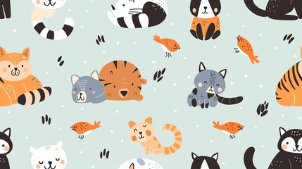 A seamless pattern of cute cats and birds on a light blue background.