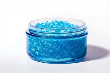 A close-up view of vibrant blue crystals inside a transparent glass jar. Decorative and aromatic purposes can enhance any space. Add a touch of elegance to your home. Generative AI