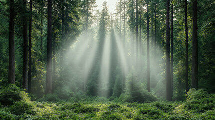 Majestic sequoia trees in foggy landscape with mystical light rays