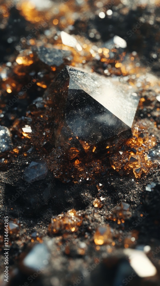 Poster crumbled soil and tiny crystals fused in abstract harmony, earthy textures mingling with glittering 