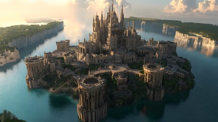 Naklejka premium Majestic Island Castle at Sunset Fantasy Architecture