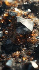 Crumbled soil and tiny crystals fused in abstract harmony, earthy textures mingling with glittering highlights, layers of organic complexity.