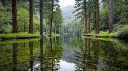 Fototapeta premium Tranquil lake reflecting tall sequoia trees in serene forest setting
