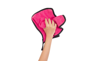 Human hand holding pink rag and wiping table or cleaning something isolated on white background with clipping path.
