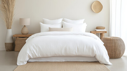 Serene bedroom with calming atmosphere, soft textures, and neutral colors