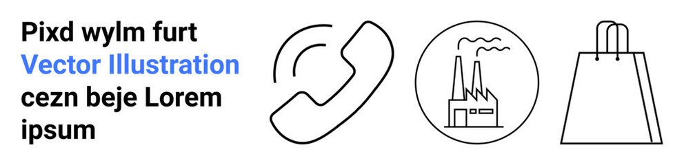 Phone receiver, factory with smokestacks, and shopping bag. Ideal for communication, industry, commerce, shopping, retail urbanization and infrastructure. Black and blue accents white background