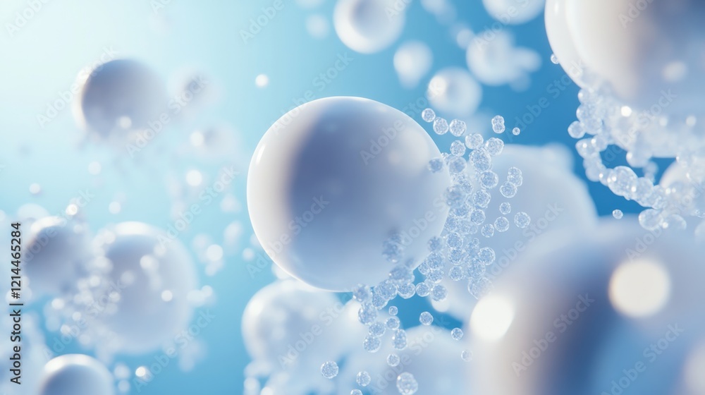 Poster white spheres with bubbles floating in a blue abstract background