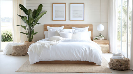 Serene bedroom with soft colors, calming decor, and natural elements