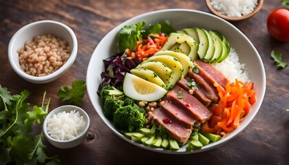 Homemade Ahi Tuna Poke Bowl with Rice and Vegetables