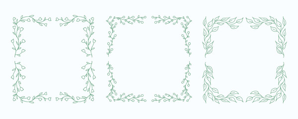 Subtle outlined hand-drawn floral frames with delicate flowers and leaves. Vector outlined square frames for wedding invitations, nature-inspired designs, eco-friendly projects, etc.