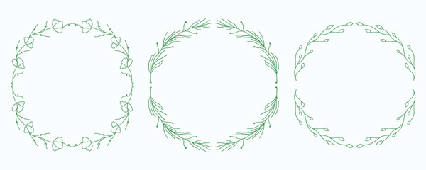 Round hand-drawn floral frames with subtle branches and leaves. Delicate vector frames for wedding invitations, nature-inspired designs, greeting cards, scrapbooking, etc.