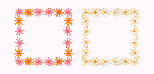 Floral hand-drawn frames with bright summer flowers for playful and whimsical designs. Bright hand-drawn square vector frames for wedding invitations, greeting cards, packaging, etc.