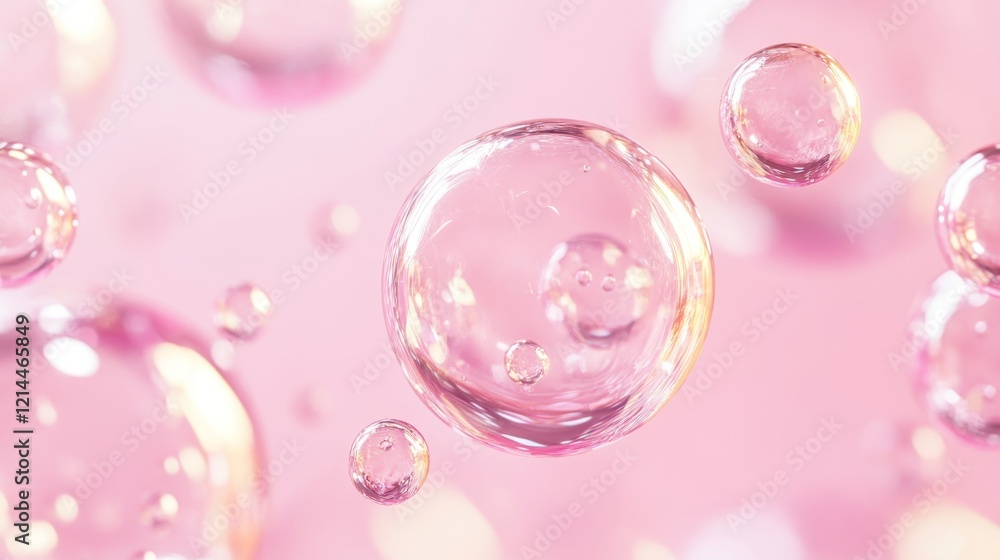 Poster transparent bubbles on pink background with soft highlights and reflection