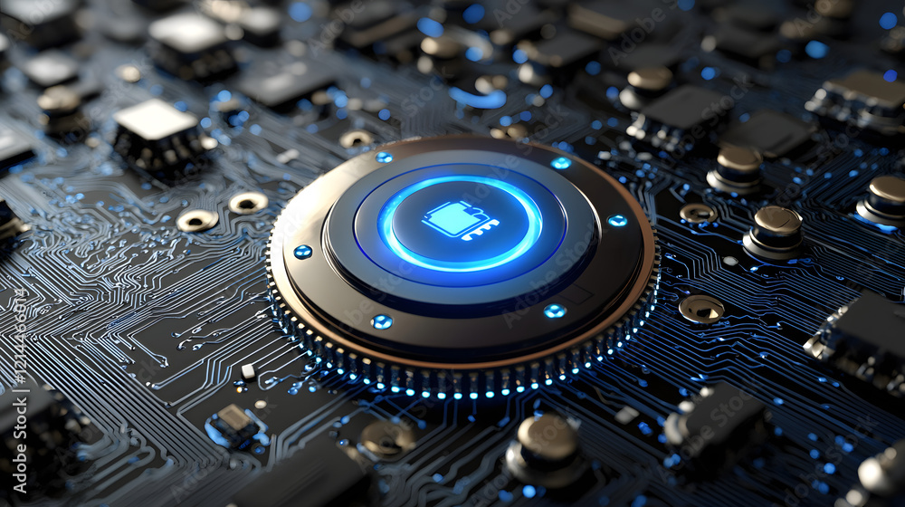 Poster close up of a button on a printed circuit board with electrical connections and soldering