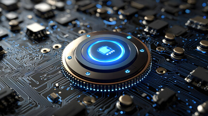 Fototapeta premium Close up of a button on a printed circuit board with electrical connections and soldering