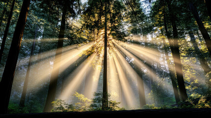 Obraz premium Sunlight filtering through ancient Sequoia trees creates serene atmosphere