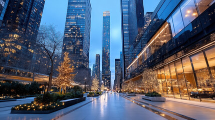 modern urban landscape featuring skyscrapers and festive lights