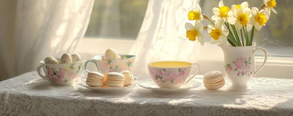 Elegant Easter afternoon tea setup with pastel macarons, floral teacups, and a vase of fresh daffodils, all on a lace tablecloth