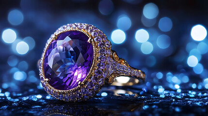 Fototapeta premium Bold cocktail ring with a large amethyst stone on blue lights background