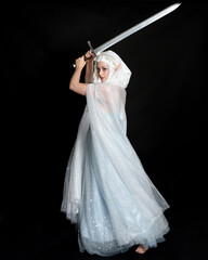 full length portrait beautiful blonde fantasy maiden faery wearing medieval fairytale ballgown...