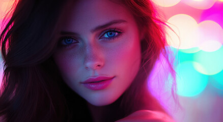 Obraz premium A stunning woman poses under colorful neon lights that cast vibrant hues on her face. Her captivating blue eyes and serene expression capture a moment of beauty and allure.