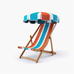 Inviting wooden deck chair with striped canvas with sun umbrella promises relaxing moment. Isolated on a white background
