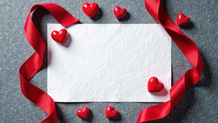 Top view, in the center there is a template made of craft paper on a gray table. Red heart-shaped candies and a red ribbon lie on craft paper.