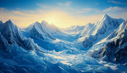 Abstract snow-covered mountains with delicate ice patterns, complemented by a soft winter color palette.