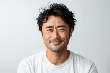 Obraz premium A middle aged Asian man, dressed in work attire, poses against a plain backdrop, reflecting both professionalism and a friendly, everyday style.