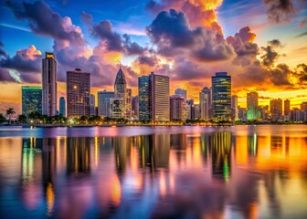 Naklejka premium Miami Skyline Dusk: Breathtaking Bay Reflections & City Lights