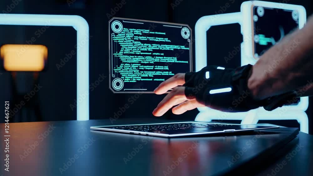 Poster exploring advanced technology with interactive holographic displays in a futuristic lab setting