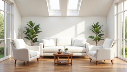 Fototapeta premium Luxurious white leather sofa nestled against a corner, flanked by matching armchairs. Soft, inviting textures create an elegant, symmetrical arrangement ideal for cozy gatherings