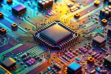 Fototapeta premium Microscopic Circuitry: Close-up Detail of Advanced Microchip Technology