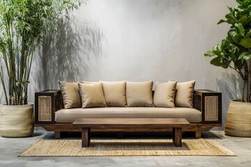 A modern living room with a cozy sofa, a coffee table, and indoor plants.