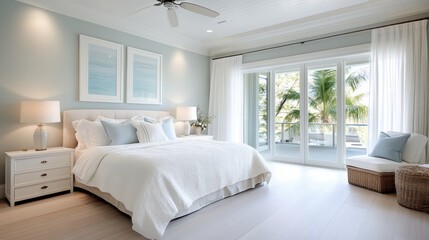 Bright and airy bedroom with cozy bed, soft decor, and large windows