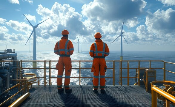 Two engineers in protective gear monitor offshore wind turbines, reflecting the high-level skills and commitment essential for marine environment maintenance.