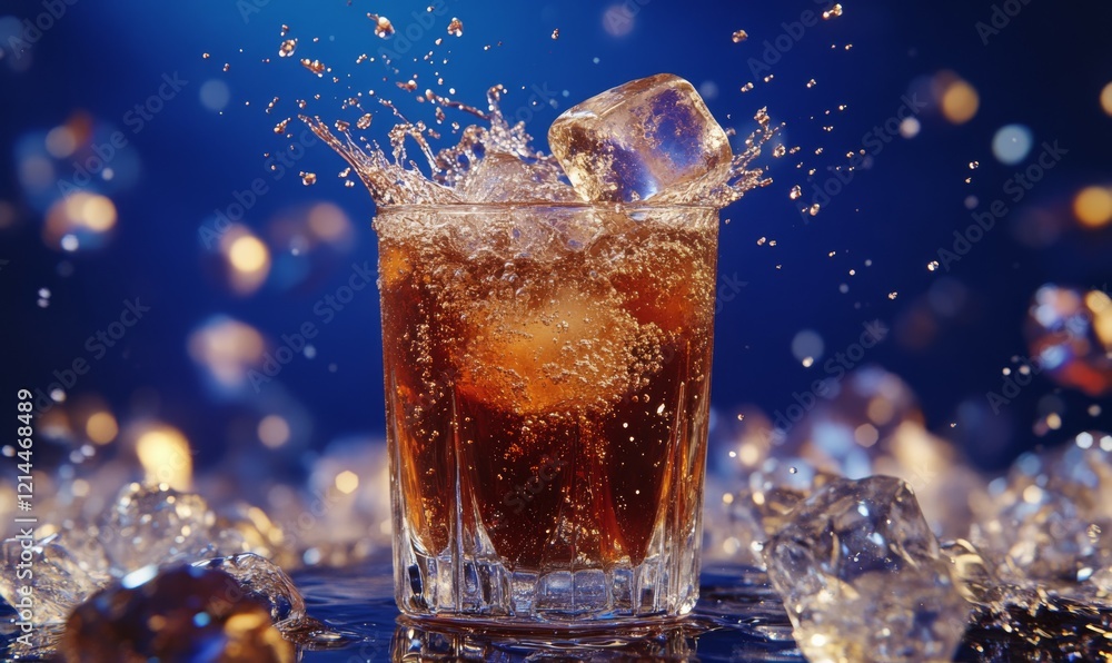 Poster forced perspective ice cube dropped in cola glass and cola splashing