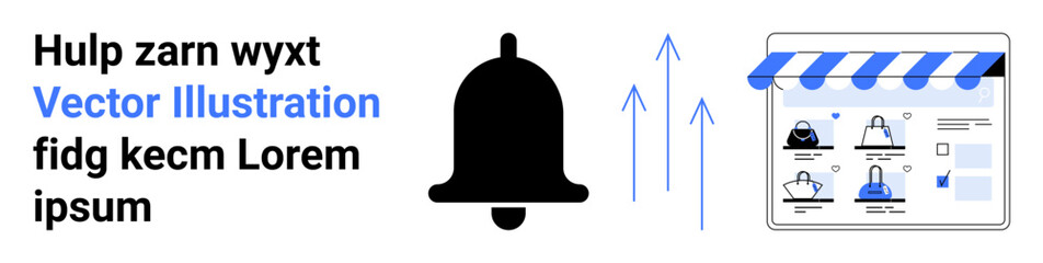 Black notification bell icon, text beside it, with a blue-arrow-adorned e-commerce webpage showing various store icons and characteristics. Ideal for notifications, e-commerce, online shopping