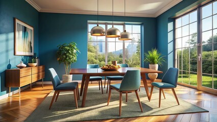 Mid-Century Modern Dining Room: Blue Walls, Large Windows, Sunlit Table Setting