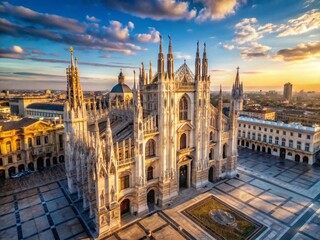Fototapeta premium Milan Duomo Aerial View: Gothic Architecture, White Marble Statues, Piazza del Duomo, Lombardia, Italy